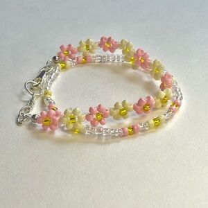Pink Sunrise Floral Beaded Bracelet Set - Handmade